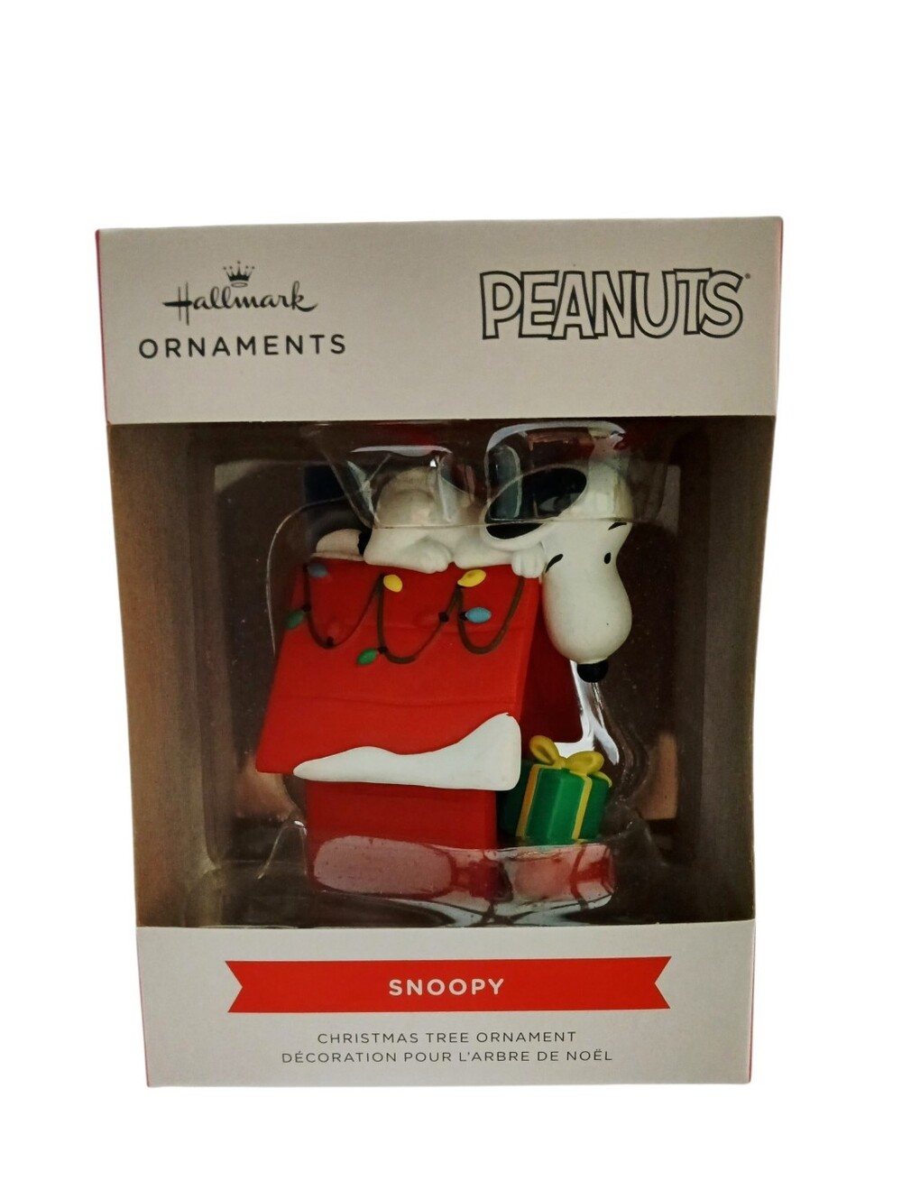 NWT Hallmark Peanuts Snoopy on Red Doghouse Christmas Ornament with Green Gift